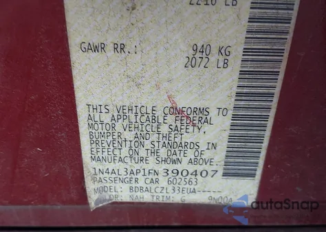 2015 Nissan Altima 2.5/2.5 S/2.5 Sl/2.5 Sv из США, поврежденный, VIN 1N4AL3AP1FN390407